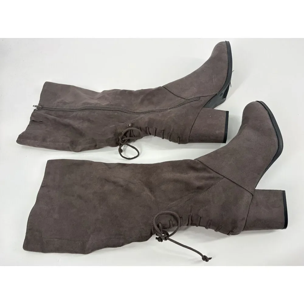 Gray Suede Knee High Boots | Block Heel Lace Back Zip Boots